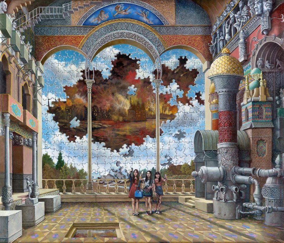 This oil painting by Howard Fox is called "Last Selfie, As the End is Revealed." In the painting, there are three young women dressed in trendy dresses and mini-skirts. They look tiny as they're standing in a large, ornate palace ballroom. They smile and pose for a selfie. The wall behind them is a giant-sized puzzle of beautiful blue sky and puffy white clouds. But unfortunately, this puzzle is incomplete - there are several missing pieces, forming a large patch in the middle. In this empty patch, a skyline of dark buildings and stormy sky is revealed. It appears these buildings are bursting into red, yellow and orange flames. The sky above fills with thick, black smoke.